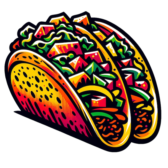 Datei:Essen, Fleisch, Vegetarisch, Vegan, Vegetarier, Grillen 15.35.00 - A vibrant, stylized stencil street-art illustration of tacos with more colors. The design features a rich palette with a variety of colors, while main.png