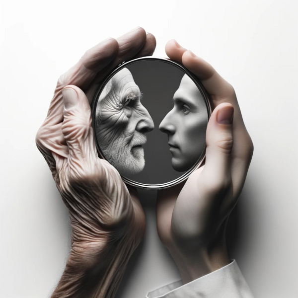 Datei:Jeder Mensch - Versteckte Selbstausstellung-10-15 13.14.36 - Photo on a white background A pair of hands, one older and one younger, come together to hold a mirror. In the reflection, we see a fusion of their f.png