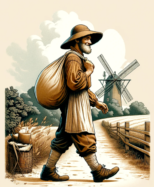 Datei:Das Wandern ist des Müllers Lust- A wandering miller strolls through a quaint countryside. The miller wears traditional clothing, with an oversized hat and a bag of flour over his shou.png