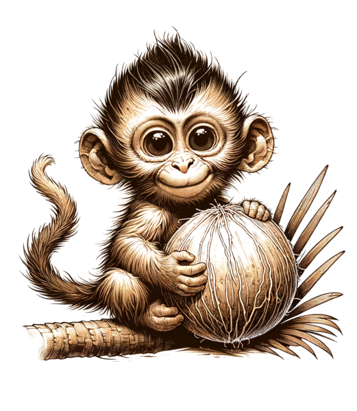 Datei:Affenbaby mit Kokosnuss - An infant monkey with exaggerated proportions and a friendly face is sitting on a palm branch, holding a coconut. The monkey's fur texture is soft and.png