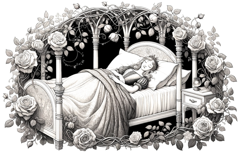 Datei:Dornröschen - In a detailed, loving style suitable for children's books, depict Sleeping Beauty, known as Dornröschen, lying on an elegant bed, surrounded by magica.png
