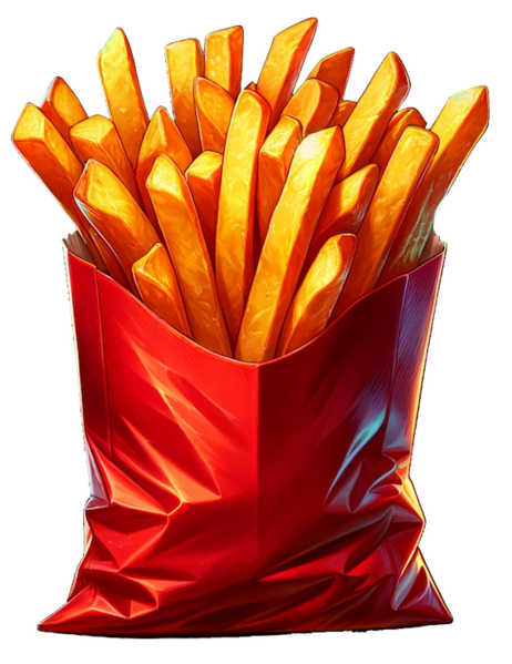 Datei:Schnell fertig Essen, Fleisch, Vegetarisch, Vegan, Vegetarier, Grillen 16.04.46 - A realistic illustration of French fries in a red paper bag, featuring rich, true-to-life colors. The fries and bag should have a clear outline in pur.png