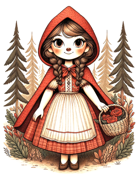 Datei:Rotkäppchen A detailed and textured illustration of Little Red Riding Hood standing in the middle of the image, surrounded by a serene forest. She is wearing her.png
