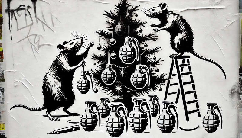 Datei:Banksy Christmas StreetArt 14.58.46 - A Christmas scene in a street art stencil style featuring rats decorating a Christmas tree. Instead of traditional ornaments, the tree is adorned with.webp