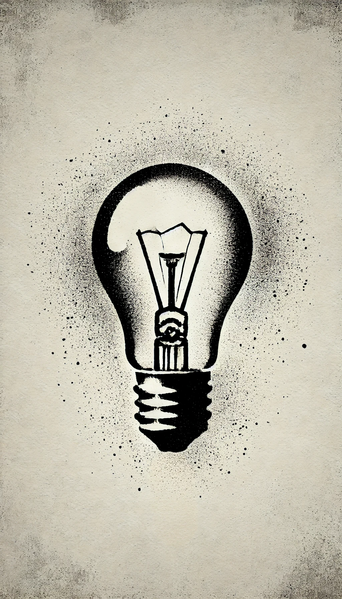 Datei:A stencil-style street art illustration of a light bulb with less black, delicate lines, and a weathered grungy aesthetic. The light bulb design featu.webp