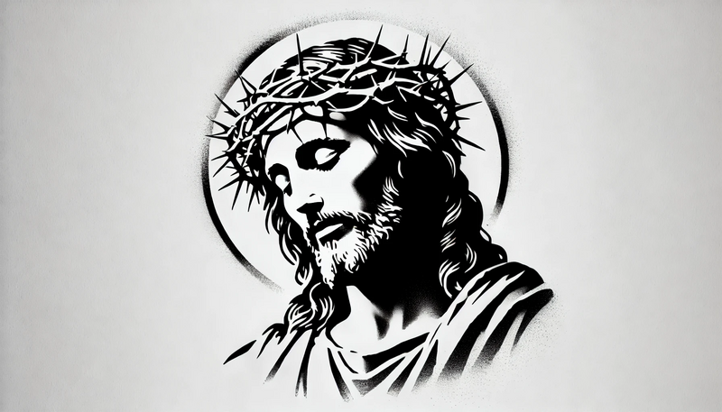 Datei:Banksy Christmas StreetArt 36.26 - A street art stencil-style depiction of Jesus Christ in a contemplative pose, rendered in high black-and-white contrast with no mid-tones. The image f.webp