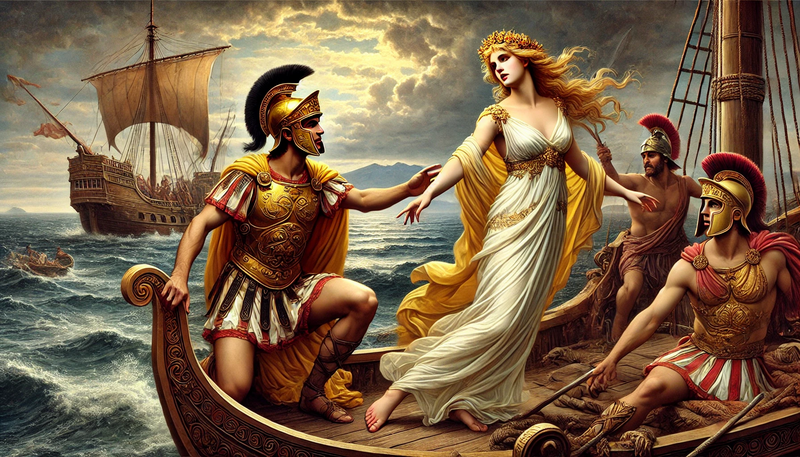 Datei:A dramatic depiction of the ancient Greek myth of Helena and Paris. The scene shows Paris, a handsome prince wearing a golden armor, reaching out to H.webp
