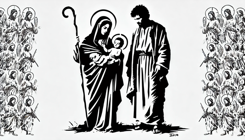 Datei:Banksy Christmas StreetArt 36.15 - A street art stencil style depiction of Maria, Joseph, and baby Jesus in a modern, minimalistic interpretation. The figures are designed with high-con.webp