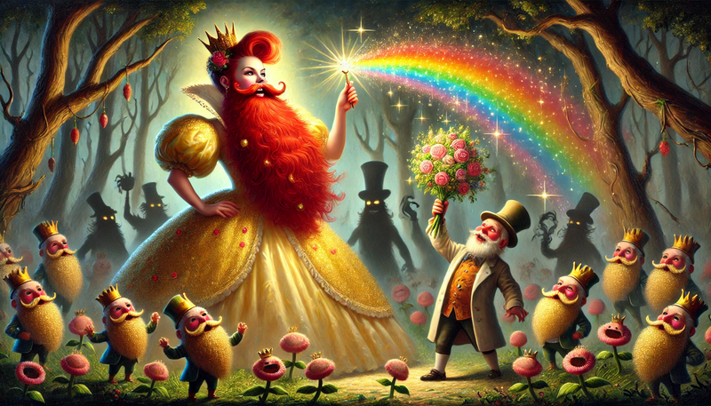 Datei:A whimsical Rococo-style oil painting capturing a pivotal moment from the chapter Princess Vollbart and the Magic of the Beard Blossom. The scene sh.webp