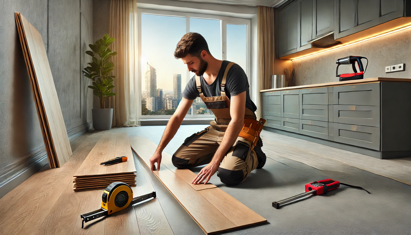 Datei:A professional floor layer in action, working in a modern apartment. The floor layer is laying laminate flooring, surrounded by tools such as a cutter.webp