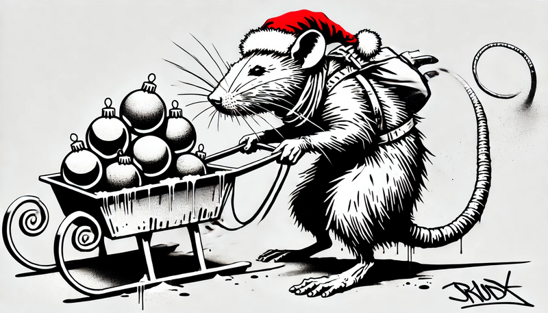 Datei:Banksy Christmas StreetArt 39.27 - A highly detailed street art stencil in black and white with hard contrasts and a pure white background. The motif features a rat wearing a Santa hat,.webp