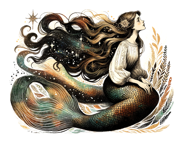 Datei:Meerjungfrau - A detailed and textured illustration of The Little Mermaid from the fairy tale, prominently featured in the center of the image.png