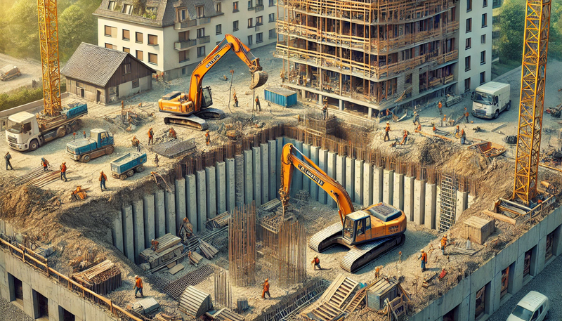 Datei:Eine Baustelle, auf der ein Tiefbauer mit einem Bagger einen Graben aushebt, während andere Arbeiter mit einer Rüttelplatte den Boden verdichten. Im H.webp