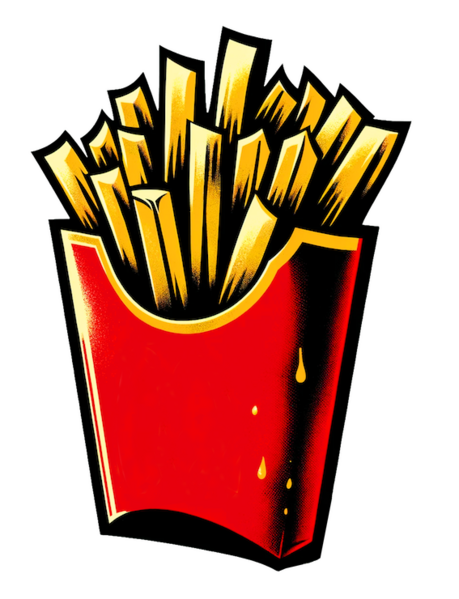 Datei:Essen, Fleisch, Vegetarisch, Vegan, Vegetarier, Grillen 16.17.48 - A stylized stencil street-art illustration of French fries in a red paper bag, but with the fries depicted in a golden color, in the style of a famous.png