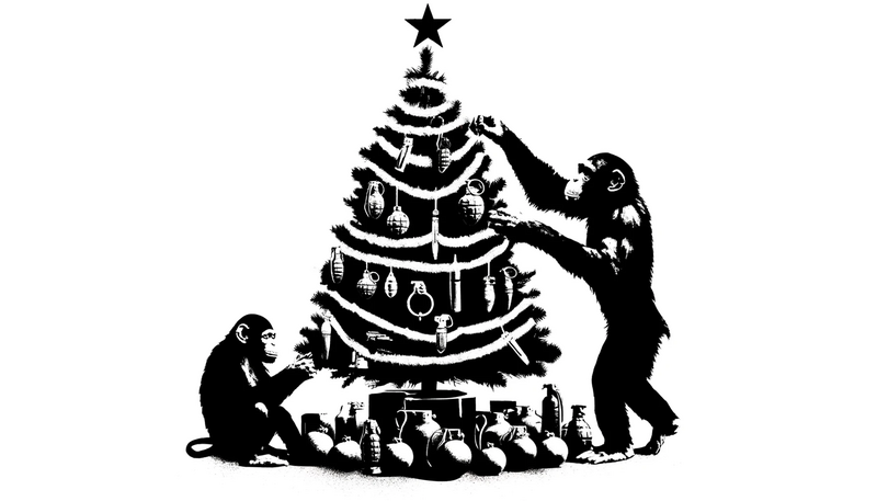 Datei:Banksy Christmas StreetArt 14.57.45 - A Christmas scene in a street art stencil style featuring chimpanzees decorating a Christmas tree. Instead of traditional ornaments, the tree is adorn.webp