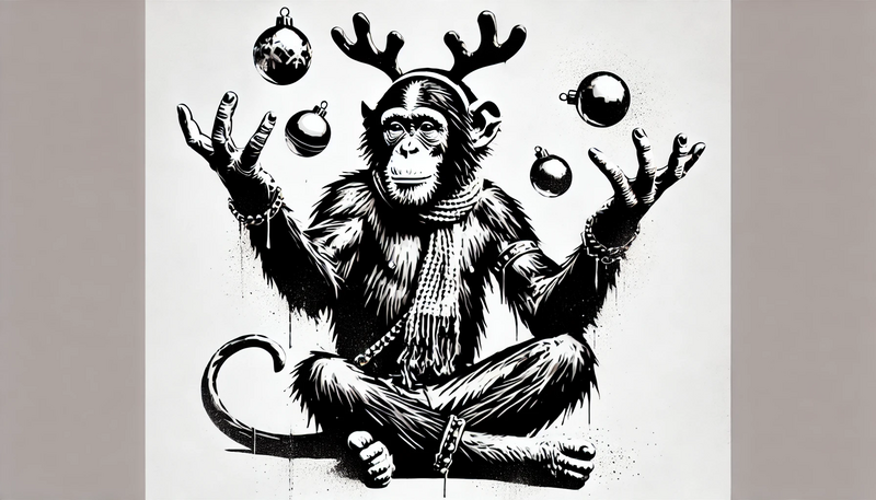 Datei:Banksy Christmas StreetArt 39.53 - A highly detailed street art stencil in black and white with hard contrasts and a pure white background. The motif features a chimpanzee wearing reind.webp
