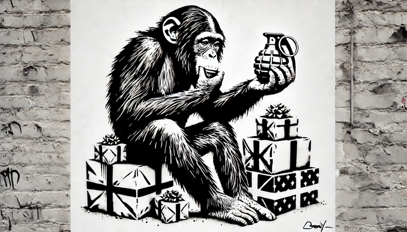 Datei:Banksy Christmas StreetArt 15.00.25 - A highly detailed street art stencil in black and white with hard contrasts and a pure white background. The motif features a lone chimpanzee sitting .webp