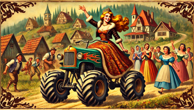 Datei:DALL·E 2024-11-17 14.28.55 - A landscape-oriented 1940s retro-style illustration in the form of an oil painting, depicting Princess Susi, an adventurous and rebellious princess, r.webp