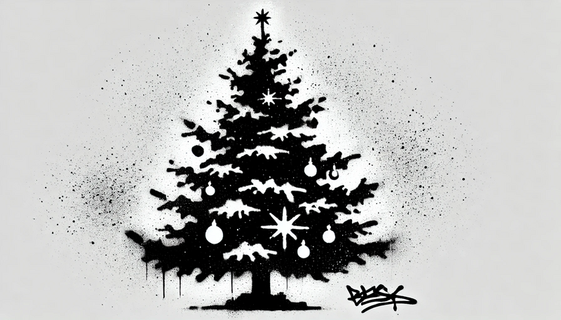 Datei:Banksy Christmas StreetArt 32.57 - A street art stencil of a Christmas tree in black and white, isolated on a pure white background. The Christmas tree is depicted with rough, jagged ed.webp