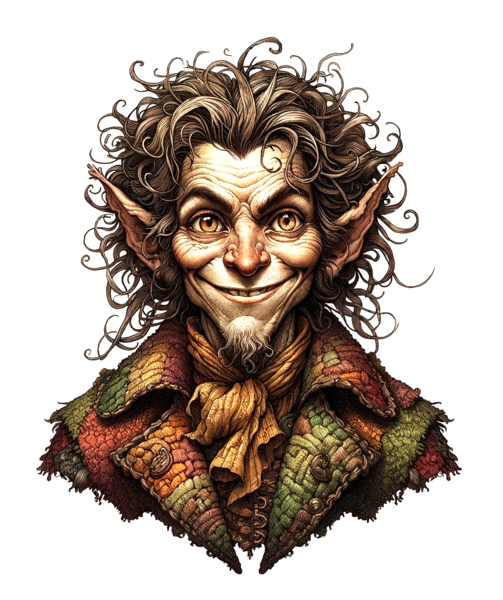 Datei:Rumpelstilzchen - A detailed and textured illustration of Rumpelstiltskin, prominently featured in the center of the image. He is depicted as mischievous and mysterious.png