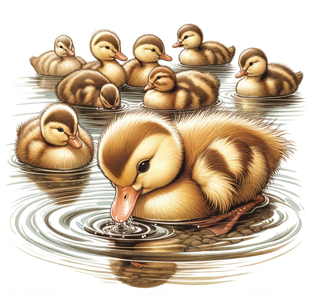 Datei:Alle meine Entschen- A charming group of fluffy ducklings swimming in a pond, depicted in a children's book illustration style. The central duckling dips its head playfull.png