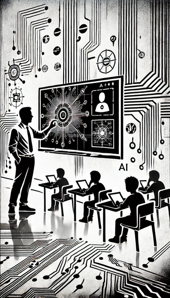 Datei:A vertical, black-and-white stencil-style street art image illustrating the theme 'AI in the Classroom The Future of Learning Begins Now.' The compos.webp