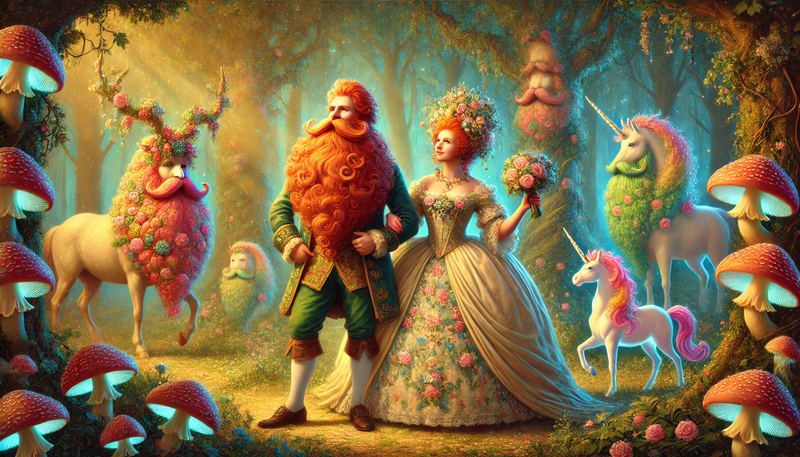 Datei:A whimsical Rococo-style oil painting depicting Princess Vollbart, a heroic princess with a magnificent red beard, in a lush, enchanted forest. She st.webp