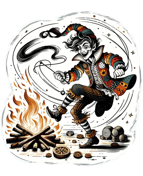 Datei:Rumpelstilzchen - A reimagined illustration of Rumpelstiltskin for a children's book. The character dances wildly and energetically around the fire, his eyes sparkling.png