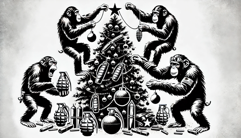 Datei:Banksy Christmas StreetArt 14.59.12 - A highly detailed street art stencil in black and white with hard contrasts and a pure white background. The motif features three chimpanzees working .webp