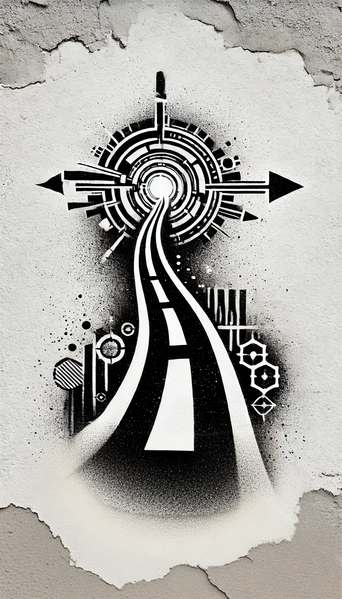 Datei:A black-and-white street art stencil-style image on a white background, emphasizing adaptive learning. A single, futuristic learning path moves straig.webp