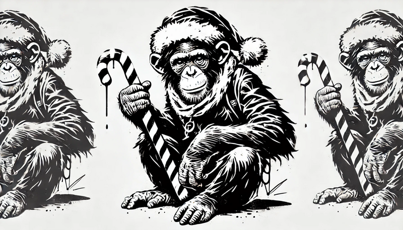 Datei:Banksy Christmas StreetArt 38.00 - A highly detailed street art stencil in black and white with hard contrasts and a pure white background. The motif features a chimpanzee wearing a San.webp