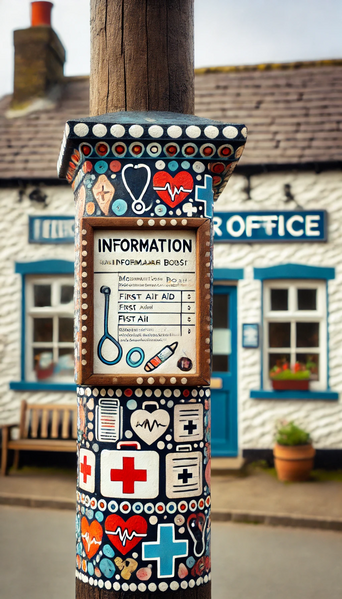 Datei:A painted post with an information board attached, set in front of a village doctor's office. The post is decorated with medical-themed patterns such.webp
