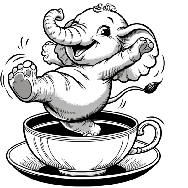 Datei:DALL·E 2024-01-12 12.45.43 - A cartoon-style elephant dancing on a teacup. The elephant is depicted in a playful and exaggerated dancing pose, with one leg lifted and its trunk cu.png
