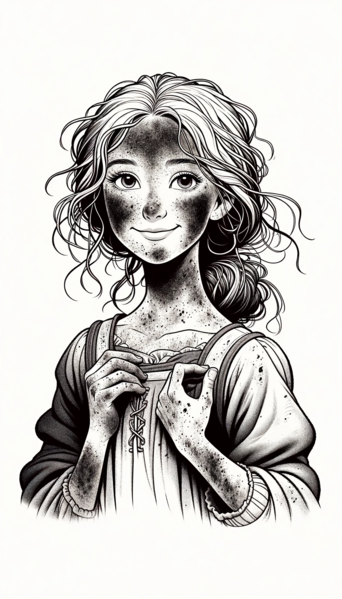 Datei:Achenputtel Drei Haselnüsse für Aschenbrödel A reimagined illustration of a beautiful fairy tale girl with a sooty face and dirty clothes for a children's book. Her face shows a gentle smile, and.png