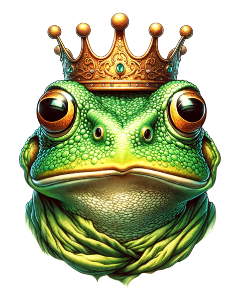 Datei:Froschkönig - A detailed and textured illustration of the Frog Prince, prominently featured in the center of the image. He is depicted as a charming yet thoughtful.png
