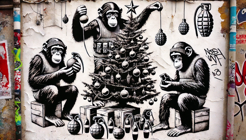 Datei:Banksy Christmas StreetArt 14.58.22 - A highly detailed street art stencil in black and white with hard contrasts and a pure white background. The motif features chimpanzees decorating a C.webp