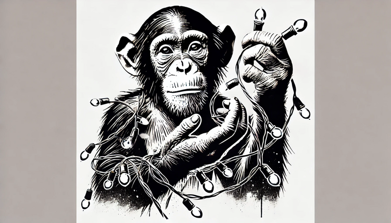 Datei:Banksy Christmas StreetArt 38.22 - A highly detailed street art stencil in black and white with hard contrasts and a pure white background. The motif features a chimpanzee holding a str.webp