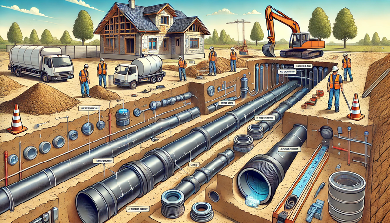 Datei:A detailed illustration of an open trench with wastewater pipes being installed, showing key elements such as pipe connections, rubber seals, sand bed.webp