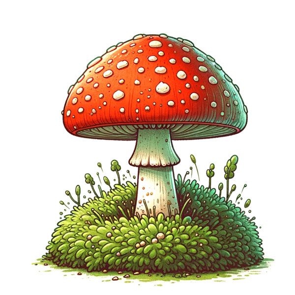 Datei:Fliegenpilz - A single, whimsical fly agaric mushroom (Fliegenpilz) with exaggerated, cartoonish proportions, prominently placed on a bed of lush green moss. The mu Kopie.png