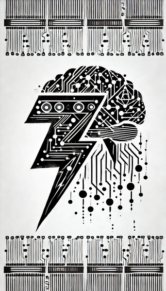 Datei:A street art stencil-style illustration of an AI-powered lightning bolt symbolizing education, depicted with futuristic digital patterns and neural ne.webp