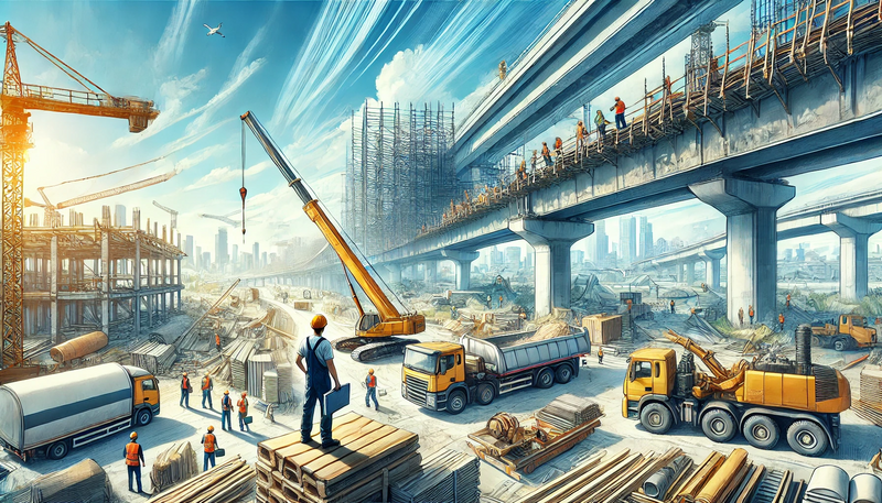 Datei:A construction worker on a bustling construction site surrounded by building materials and machinery, with a crane in the background and a partially c.webp