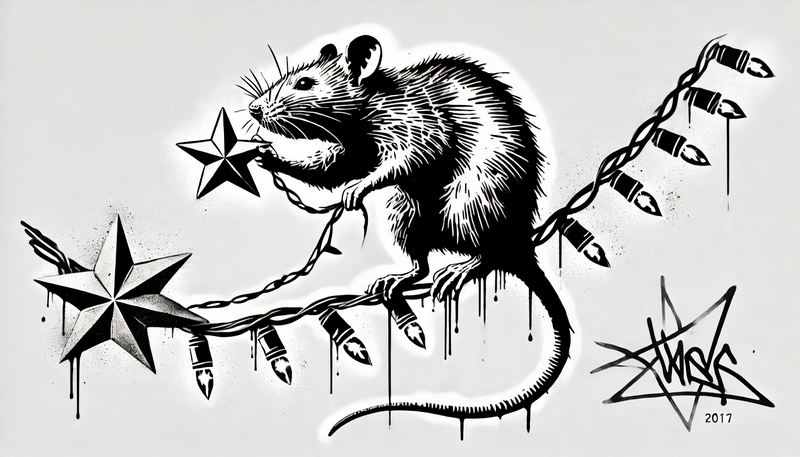 Datei:Banksy Christmas StreetArt 40.40 - A highly detailed street art stencil in black and white with hard contrasts and a pure white background. The motif features a rat holding a small Chri.webp