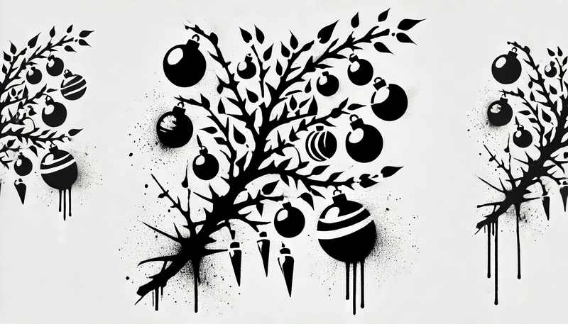 Datei:Banksy Christmas StreetArt 33.37 - A street art stencil style depiction of a branch with Christmas ornaments. The image features a high-contrast black and white design, with the branch .webp