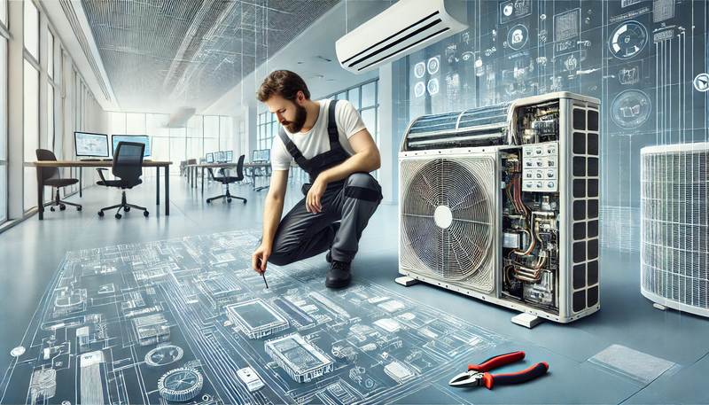 Datei:A professional HVAC technician working in a modern office building, carefully installing an air conditioning unit. The scene includes detailed tools a.webp