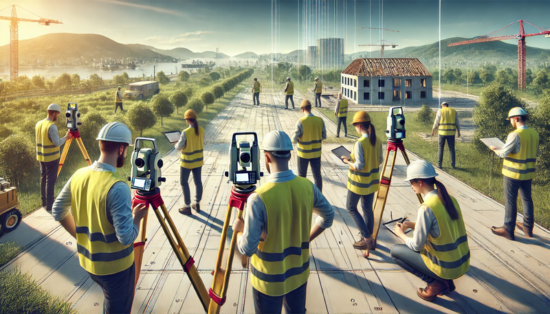 Datei:A group of surveyors in a modern outdoor setting, equipped with advanced surveying tools like total stations and GPS devices. They are measuring land.webp
