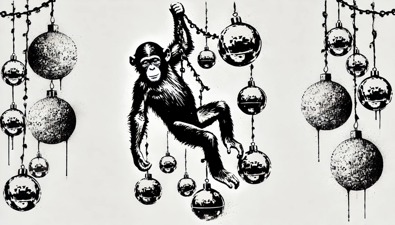 Datei:Banksy Christmas StreetArt 41.01 - A highly detailed street art stencil in black and white with hard contrasts and a pure white background. The motif features a chimpanzee hanging from .webp