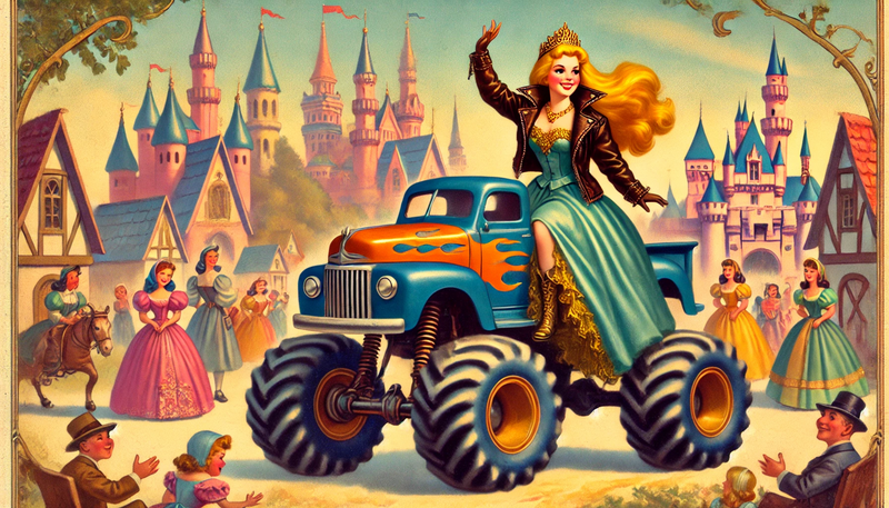 Datei:DALL·E 2024-11-17 14.27.58 - A retro-style 1940s children's book illustration depicting Princess Susi, an adventurous and rebellious princess, riding a colorful monster truck thro.webp