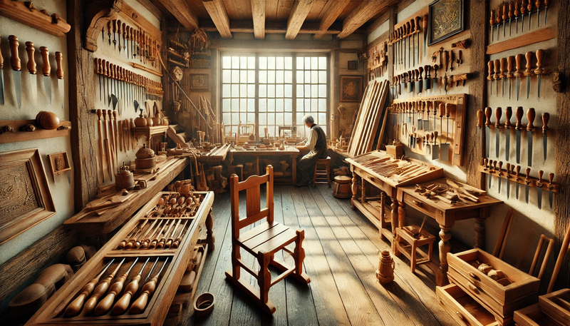 Datei:A detailed workshop of a traditional carpenter, featuring wooden furniture pieces in progress, various woodworking tools neatly arranged on walls and.webp