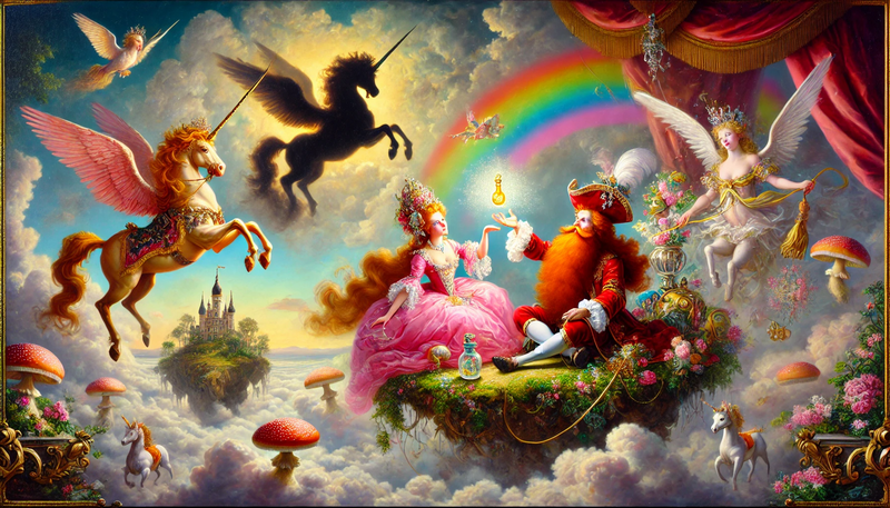 Datei:A Rococo-style oil painting featuring Princess Vollbart with her iconic red beard and Princess Susi on a floating island in a dreamy, cloud-filled sky.webp