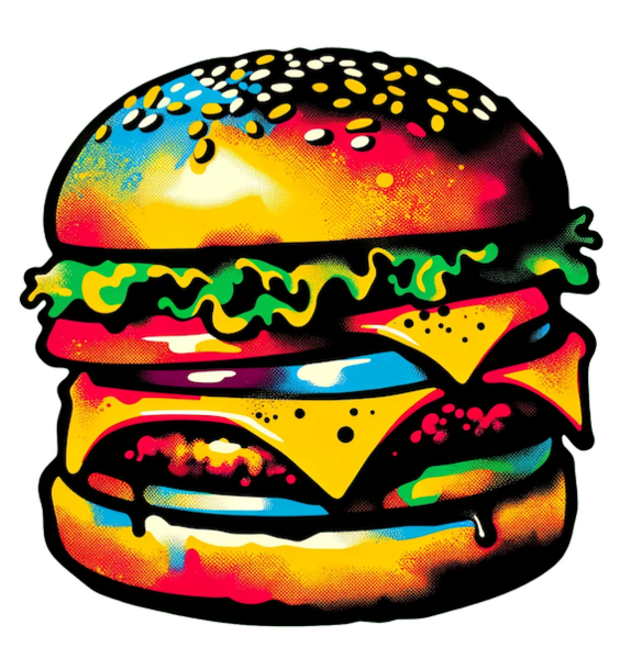 Datei:Essen, Fleisch, Vegetarisch, Vegan, Vegetarier, Grillen 16.26.57 - A vibrant, stylized stencil street-art illustration of a burger, using a richer color palette, in the style of a famous street artist. The design feat.png